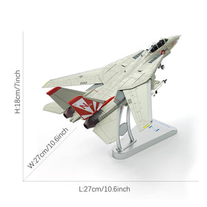 NUOTIE Model F-14 Tomcat diecast metal model in navy on display stand, top view with dimensions