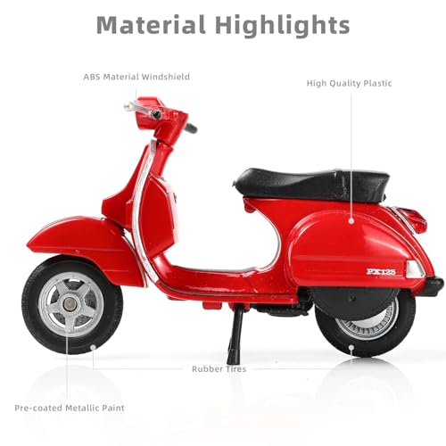 1/18 Scale 2016 Vespa PX Moped Scooter Diecast Model, Red Classic Motorcycle Replica with Display Stand, Adult Collectible & Cake Topper