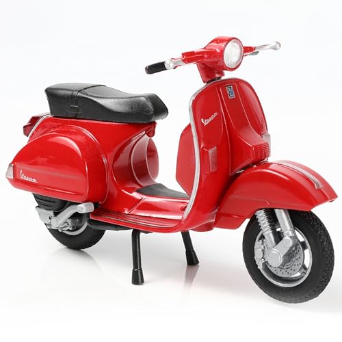 Red 1/18 scale diecast model of a 2016 Vespa PX moped scooter, front three-quarter view