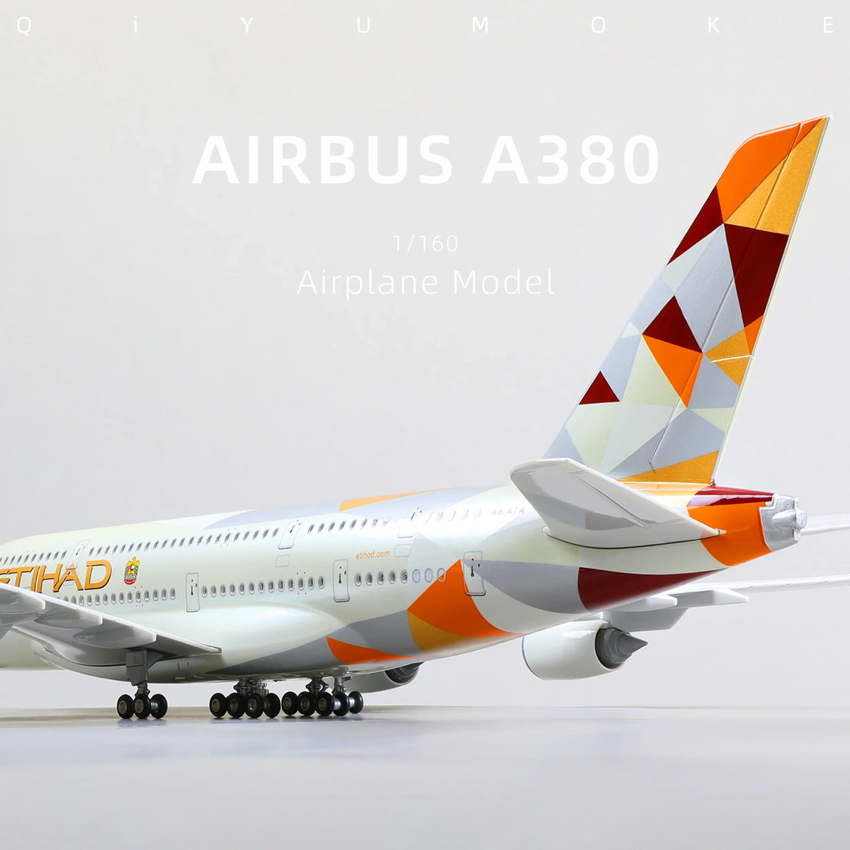 QIYUMOKE Airbus A380 model with colorful tail design, side profile view
