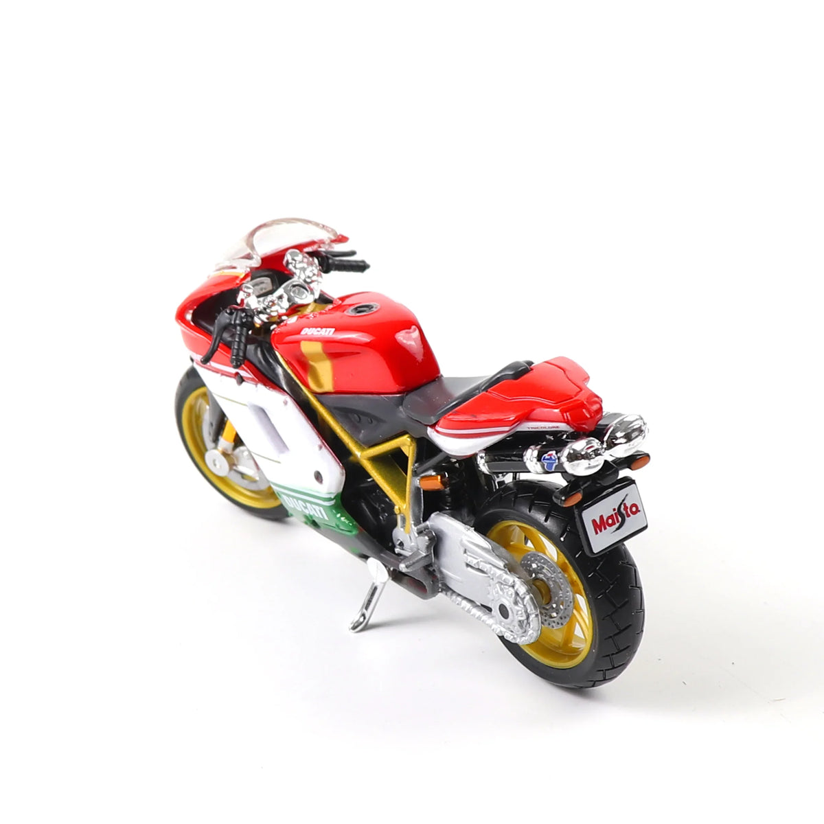 Maisto 1:18 die-cast Ducati 1098S motorcycle model, rear view with red and green details