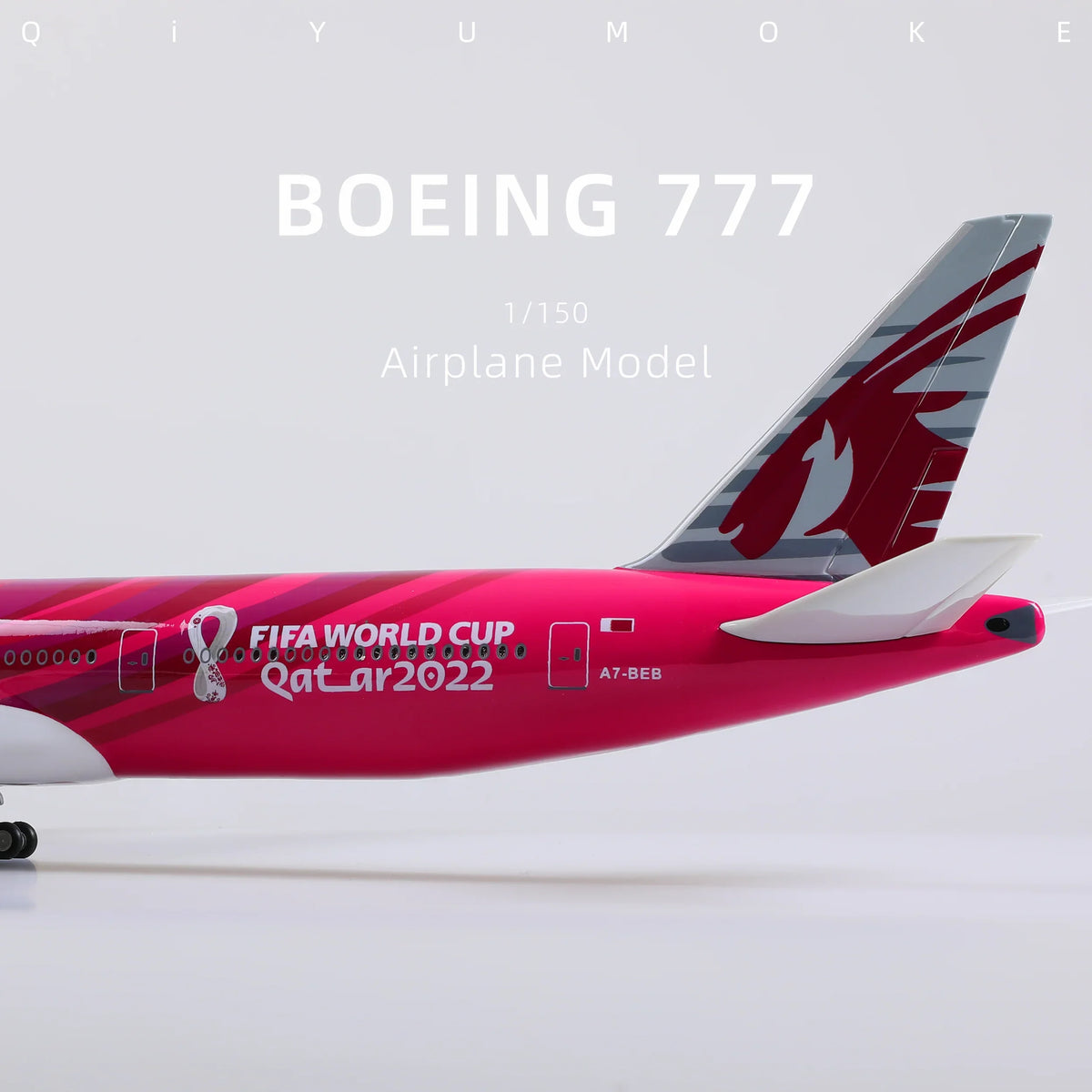 QIYUMOKE 1/150 Boeing 777-300ER Qatar Airways model in World Cup livery, side view