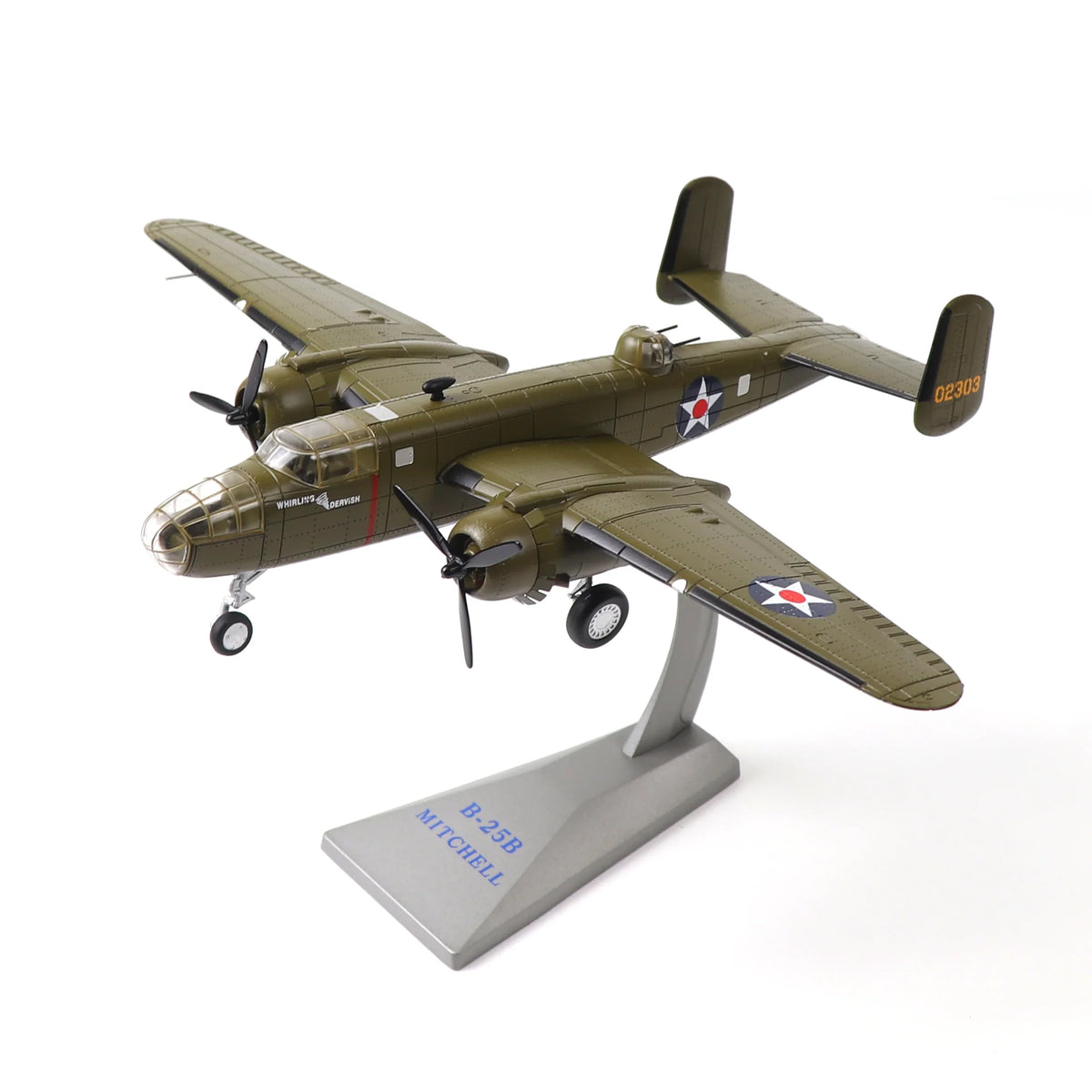 NUOTIE Model 1/72 B-25B Mitchell diecast metal aircraft in olive green with stand, top view