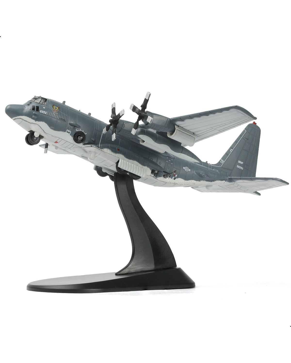 NUOTIE AC-130U Spooky II gunship model in grey, angled view on display stand