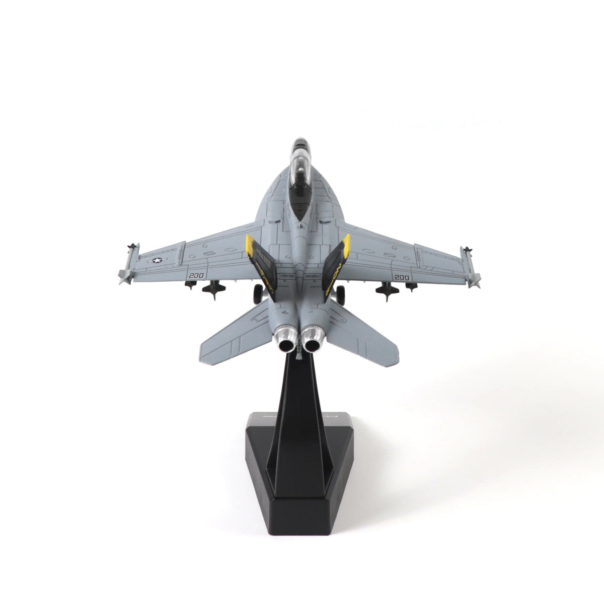 NUOTIE F/A-18 Super Hornet model in navy, black, and white, rear view on display stand