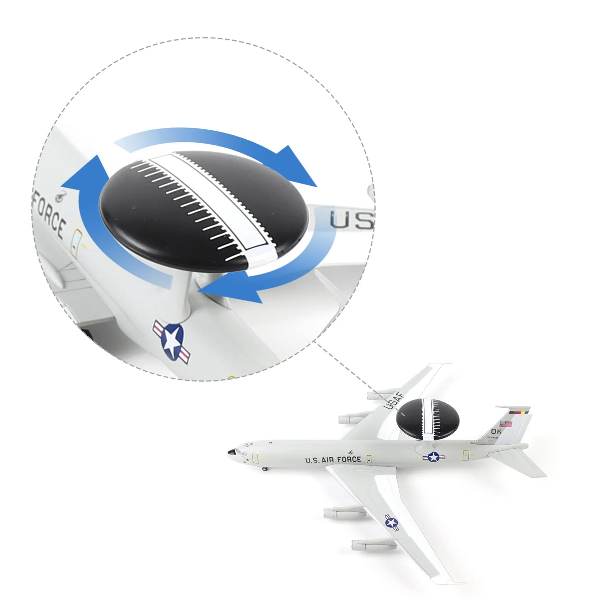 NUOTIE Model E-3 Sentry AWACS model with rotating radar dome, aircraft side view