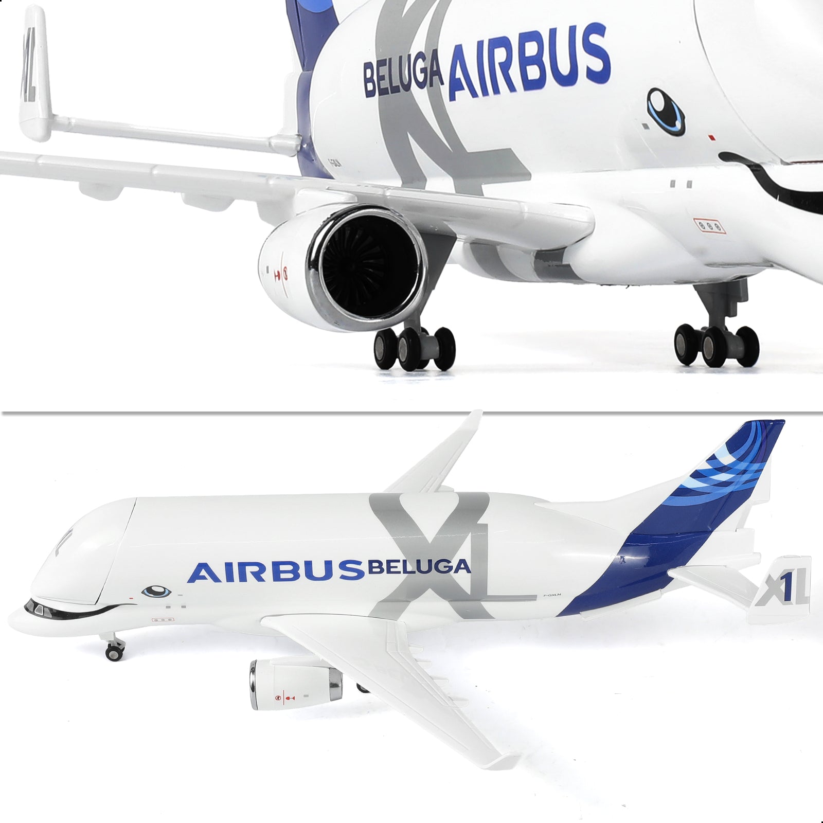 Close-up of QIYUMOKE A330 Beluga XL1 model airplane showing details and openable cabin.