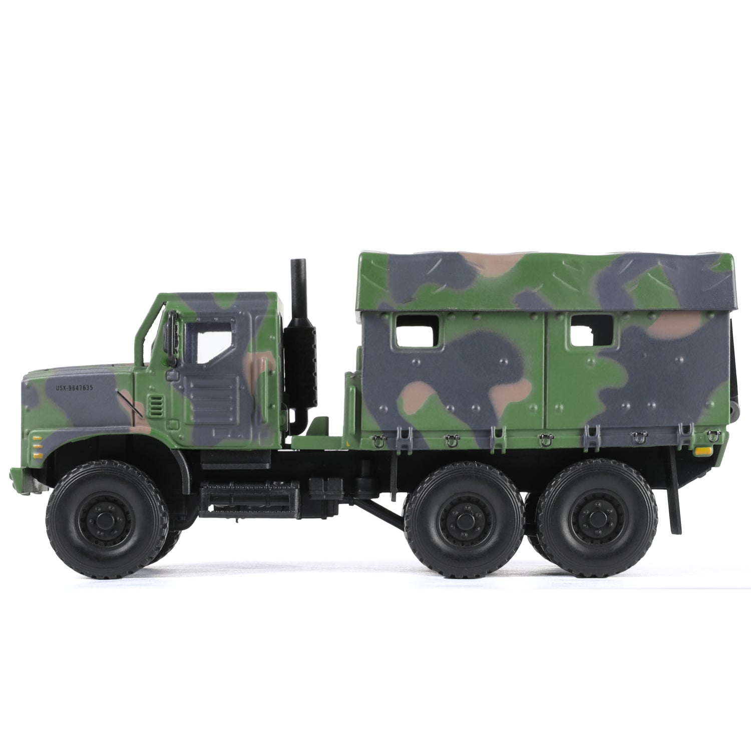 Side view of the NUOTIE 1:64 diecast USMC MTVR MK23 military truck model in green camouflage.