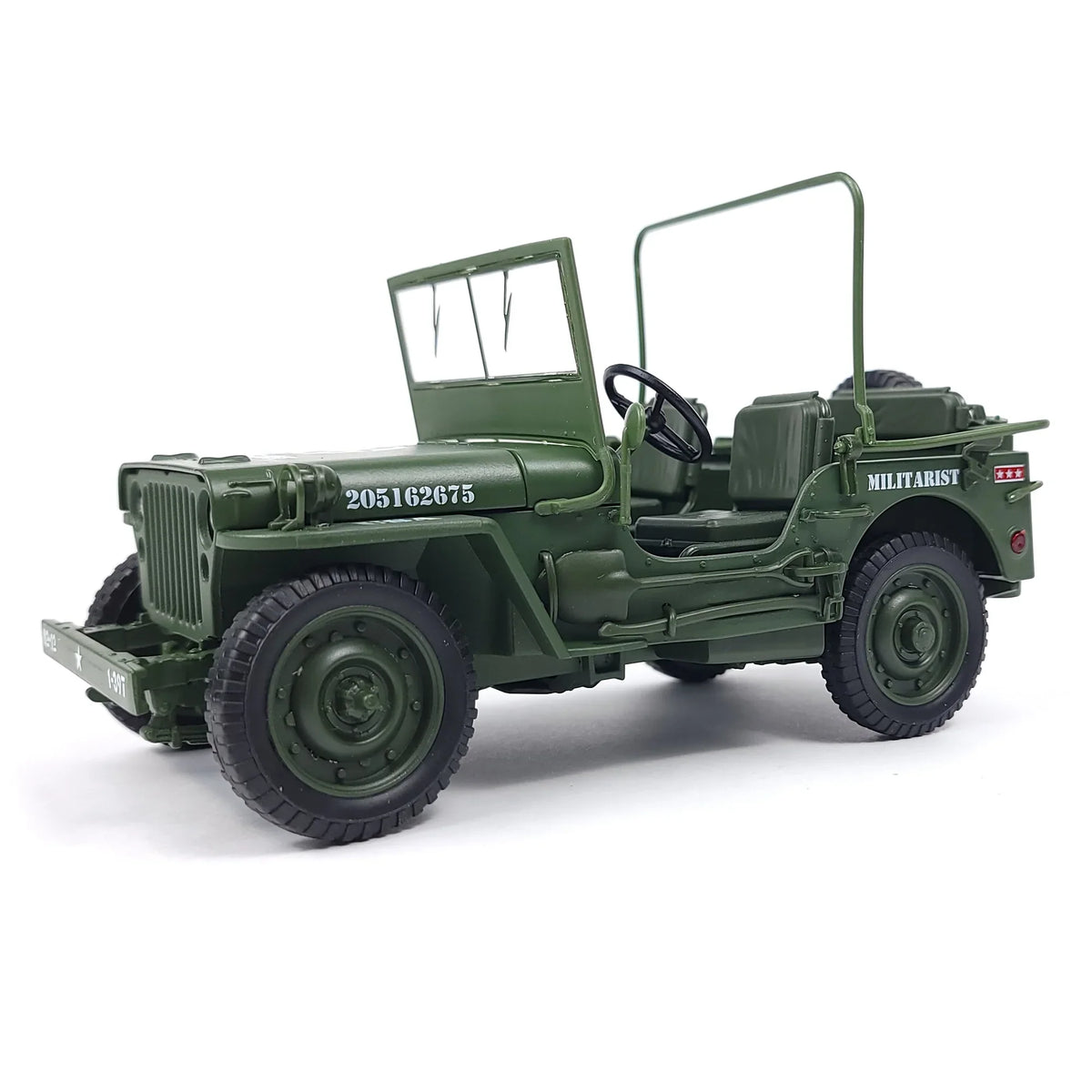 Side view of the NUOTIE 1:18 die-cast Willys Military Jeep showing the interior and military markings.