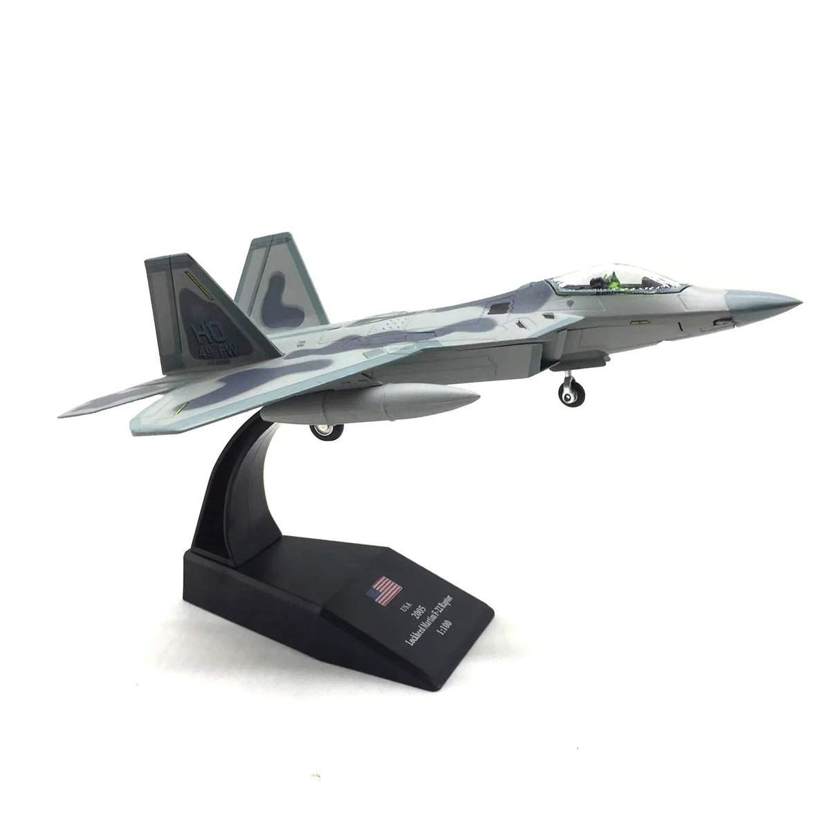 NUOTIE F-22 Raptor diecast model with stand, side profile view