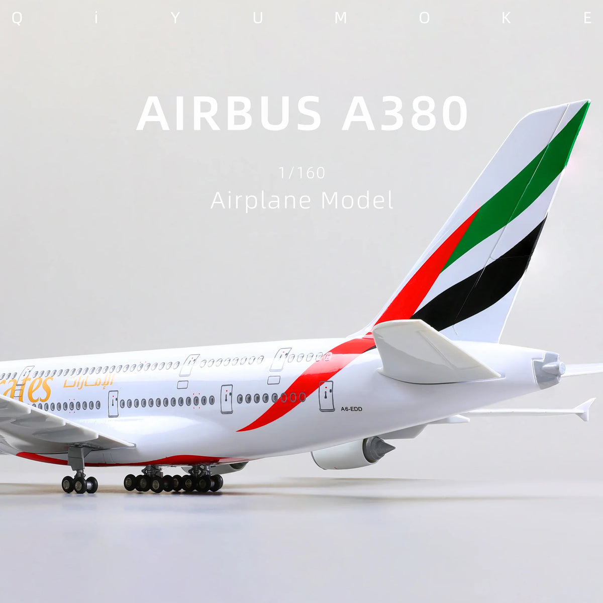 QIYUMOKE Airbus A380 airplane model with red and green accents, side profile view