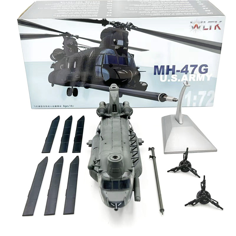 NUOTIE Model MH-47G Chinook helicopter in grey with display box and accessories, top view
