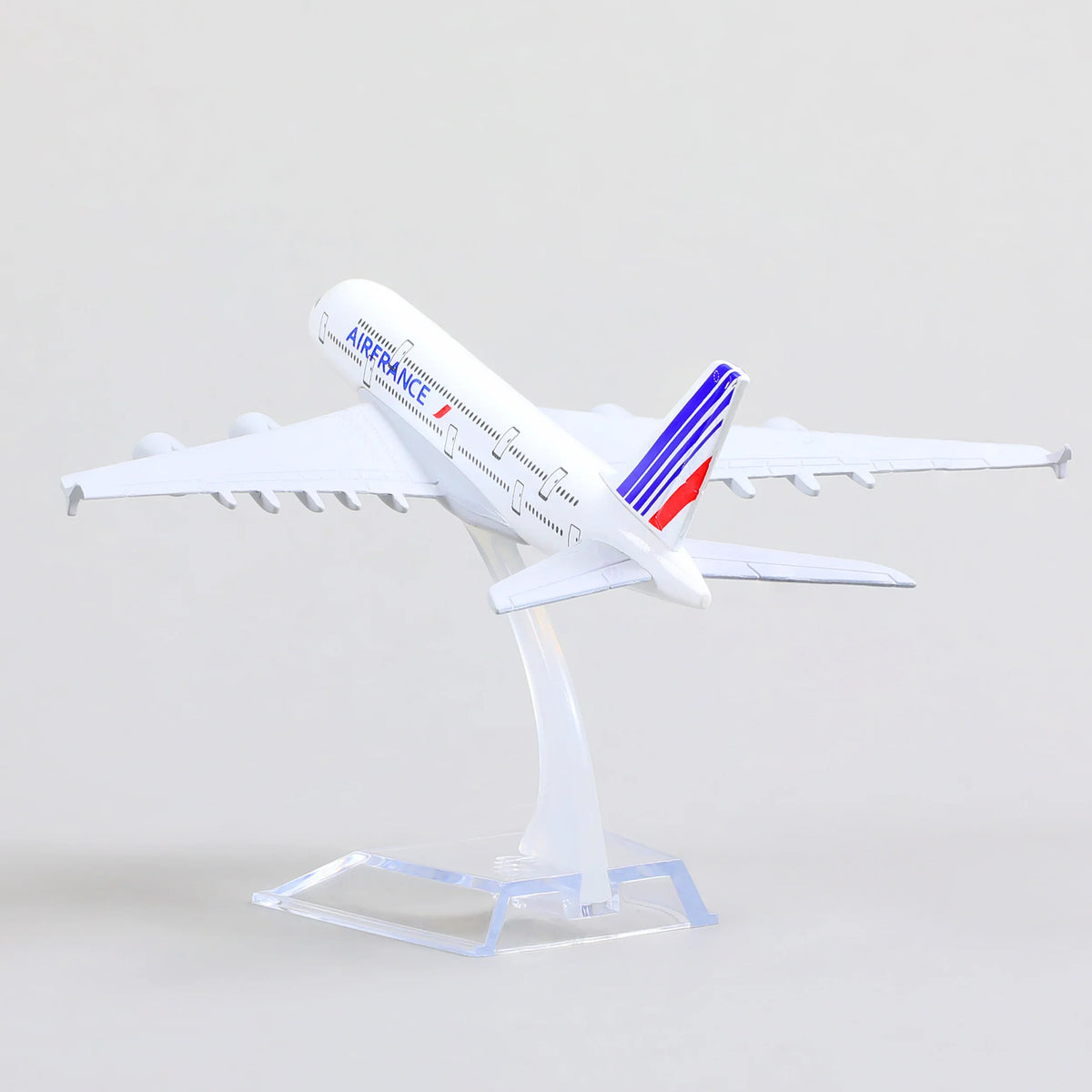 QIYUMOKE Airbus A380 Air France diecast model in flight position on display stand