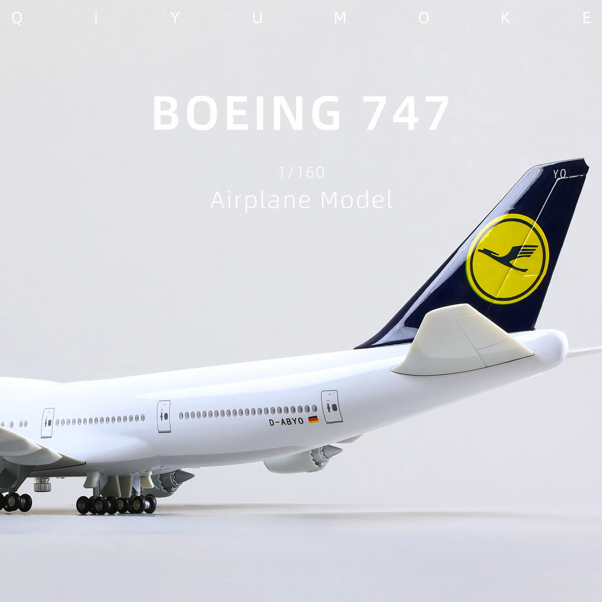 QIYUMOKE Boeing 747 airplane model with Lufthansa logo, side profile view