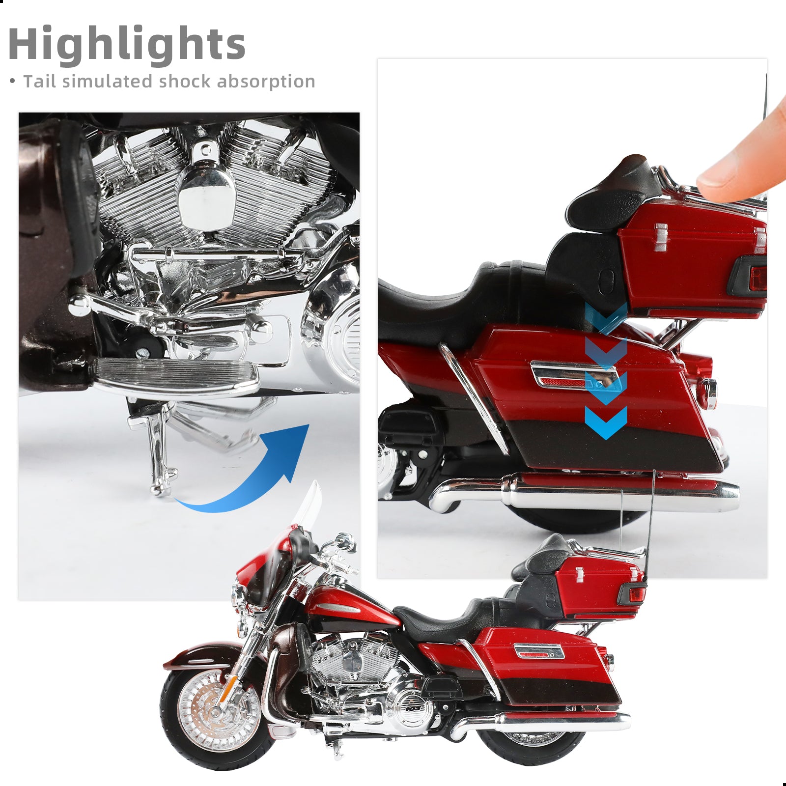 Maisto Electra Glide Ultra Limited motorcycle toy in red showcasing tail simulated shock absorption feature