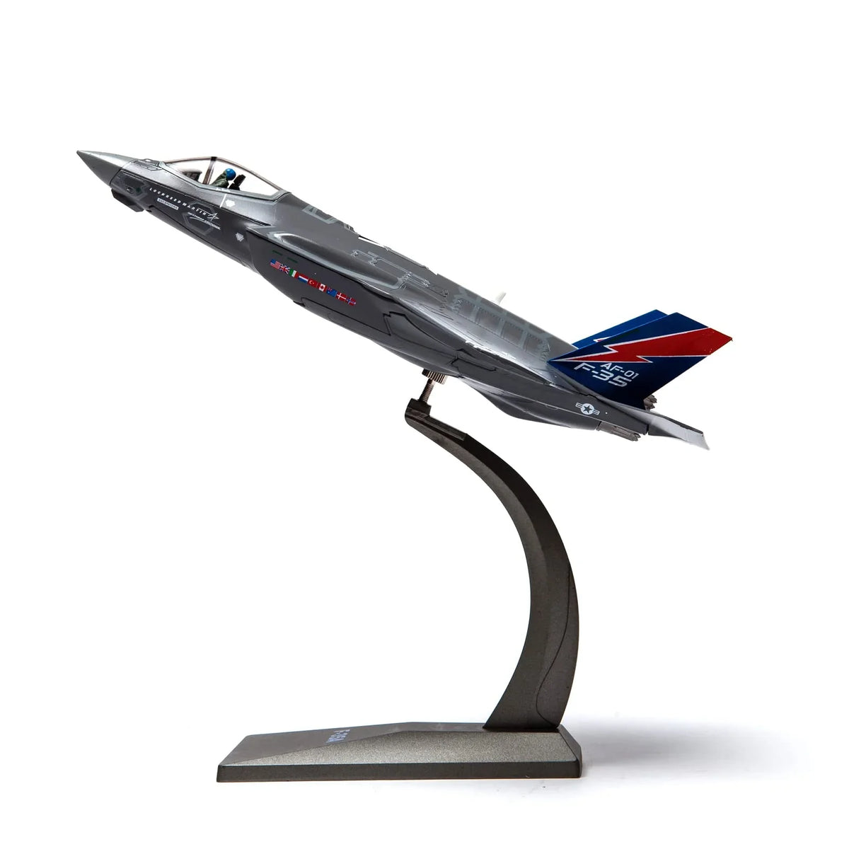 NUOTIE F-35A Lightning II model in navy with stand, angled view