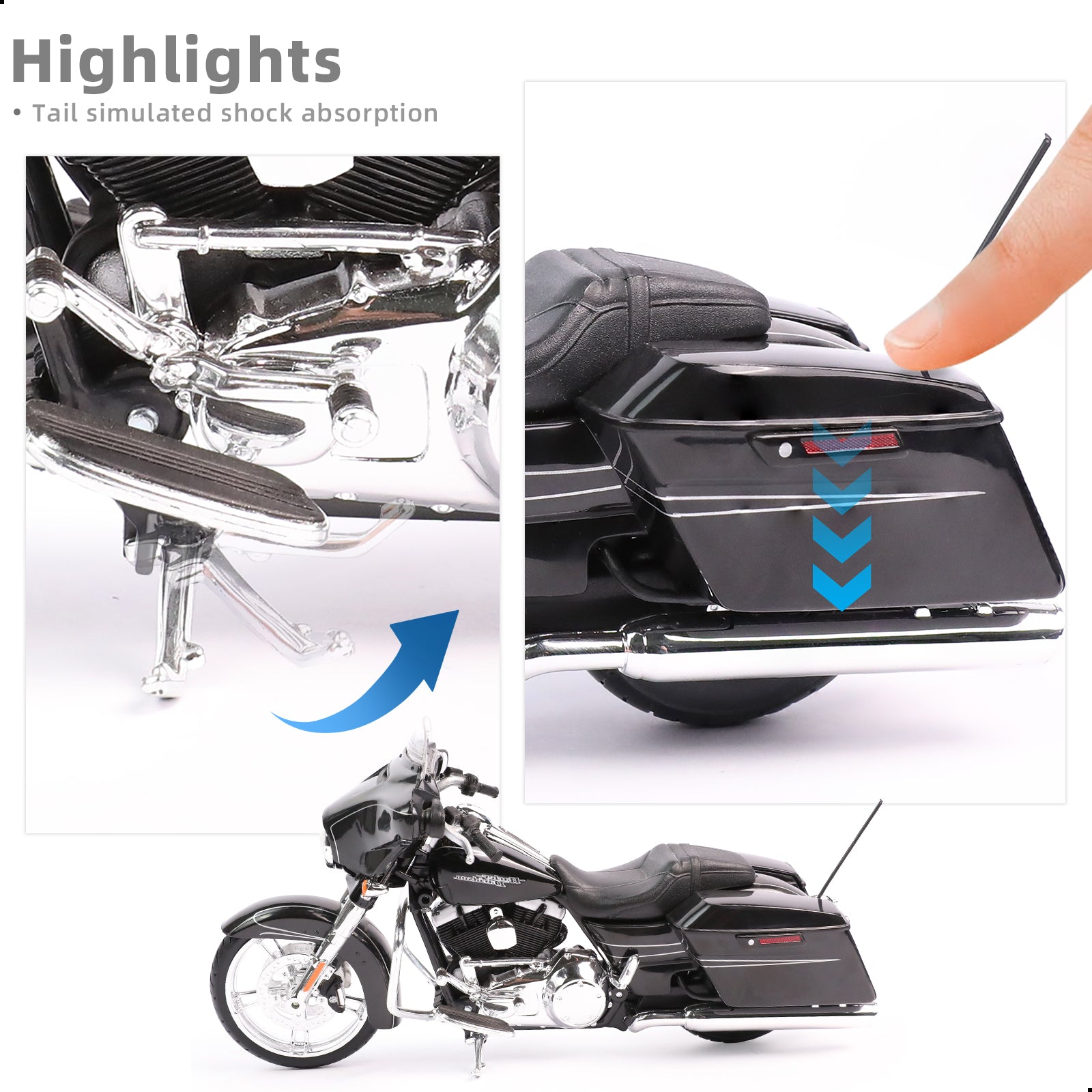 Maisto 2015 Street Glide Special motorcycle toy showcasing tail simulated shock absorption, side view