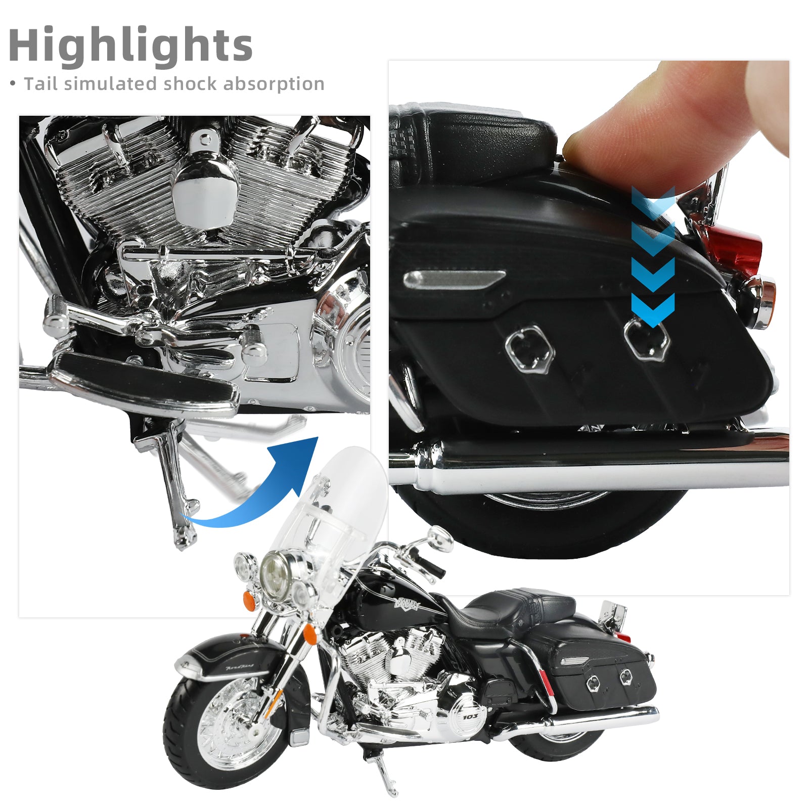 Maisto 2013 Flhrc Road King Classic motorcycle toy in black, highlighting tail shock absorption feature