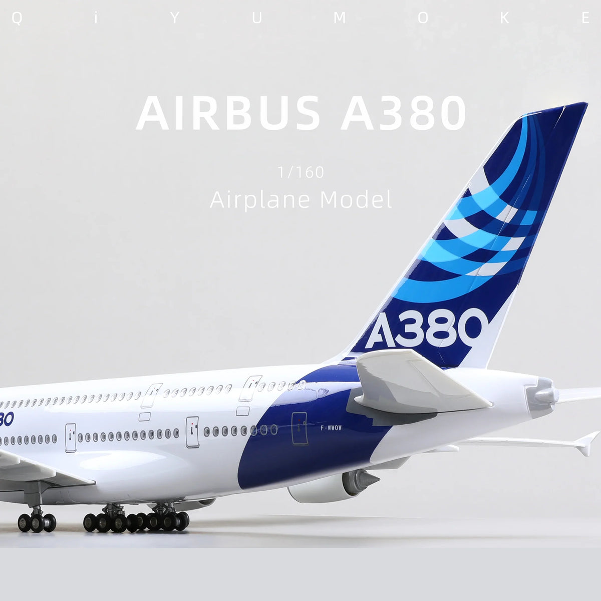 QIYUMOKE Airbus A380 diecast model with blue tail design, side profile view