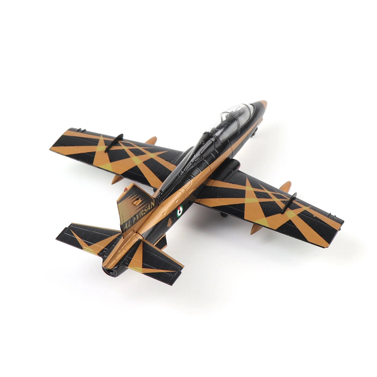 1/72 scale MB-339 Italian Air Force trainer jet diecast model with geometric camouflage pattern