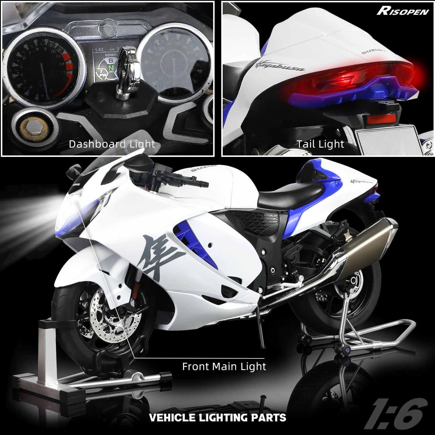 Detailed view of the Suzuki Hayabusa motorcycle model showing dashboard lights and tail light features.