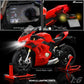 Close-up of Ducati Panigale V4 SP2 motorcycle model dashboard with lights and details.