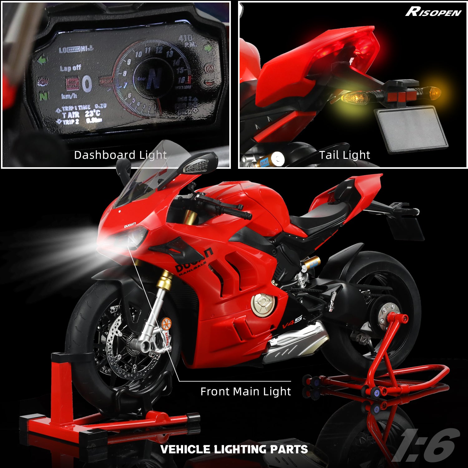 Close-up of Ducati Panigale V4 SP2 motorcycle model dashboard with lights and details.
