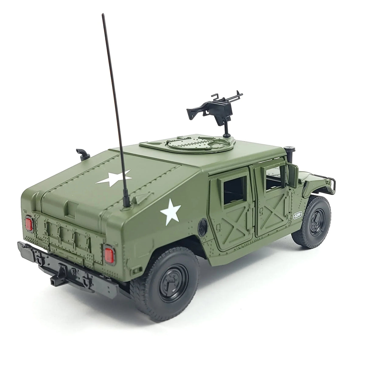 Rear view of a green Hummer H1 military armored truck model showing the mounted gun and antenna.