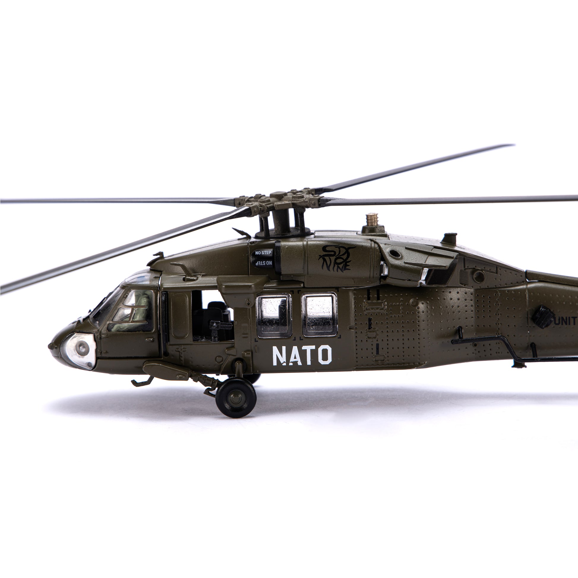NUOTIE Model Sikorsky UH-60 Black Hawk helicopter with NATO markings, side profile view