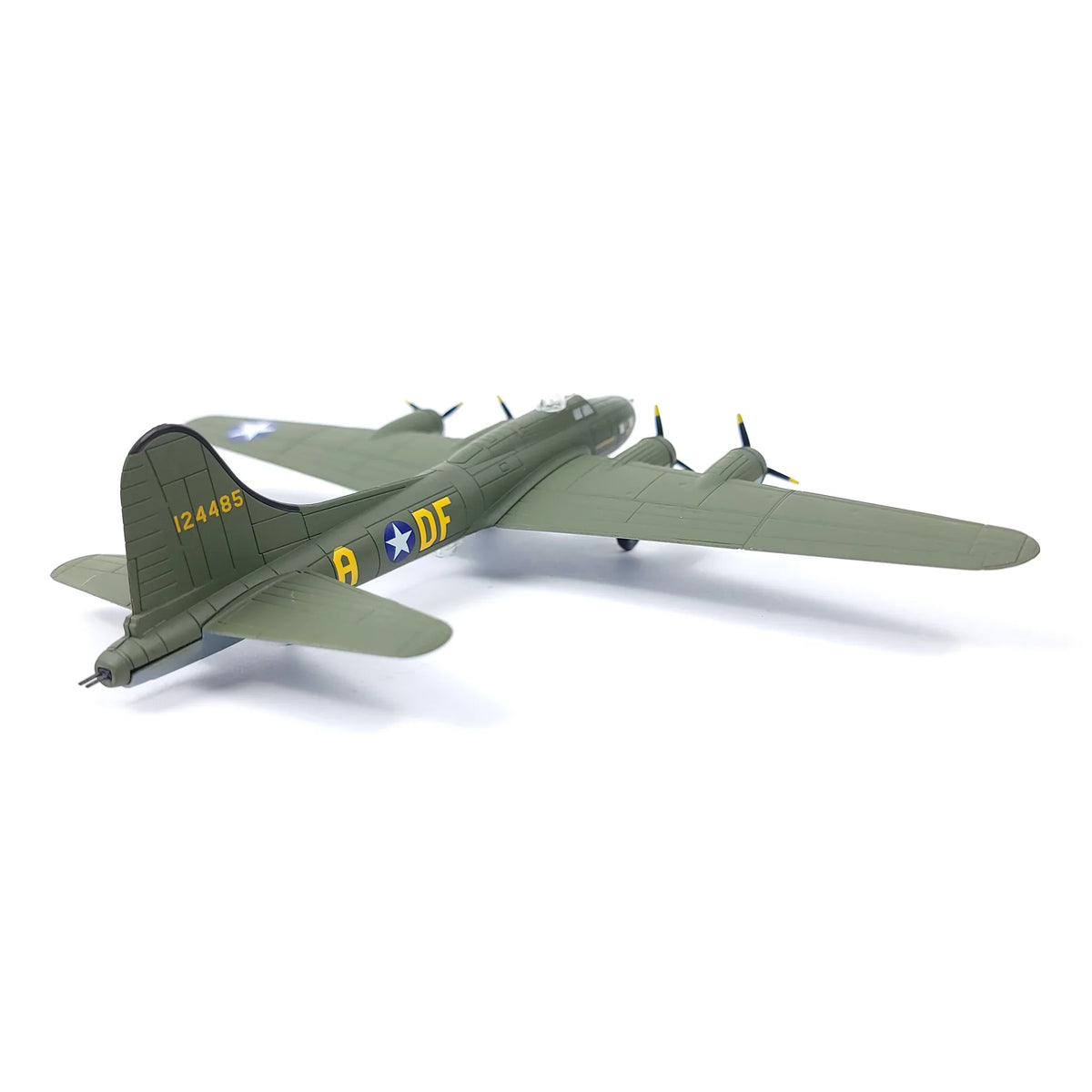 NUOTIE Model B-17F Flying Fortress diecast model in green with yellow markings, rear view