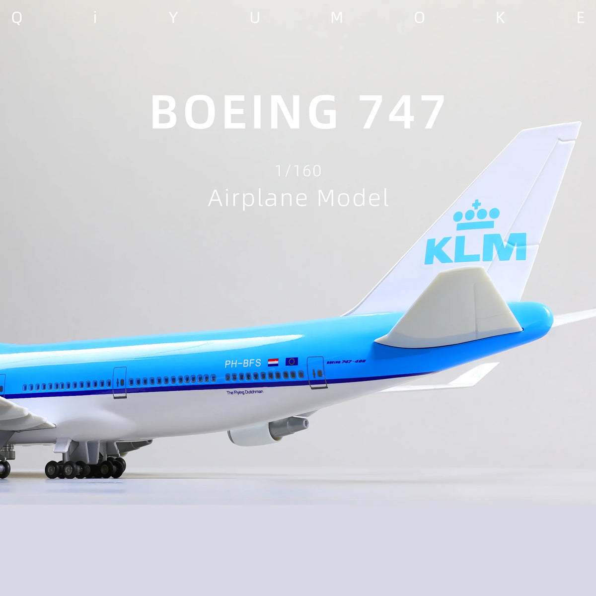 QIYUMOKE 1/160 Boeing 747 KLM airplane model in side profile view