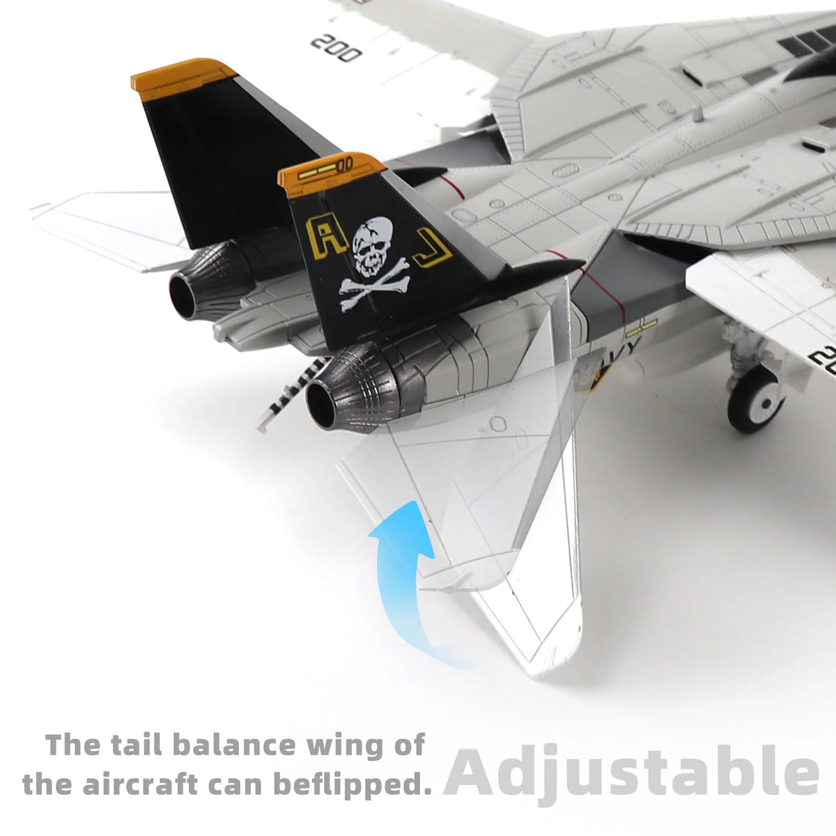 NUOTIE Model F-14A Jolly Rogers fighter model with adjustable tail wing, aircraft side view