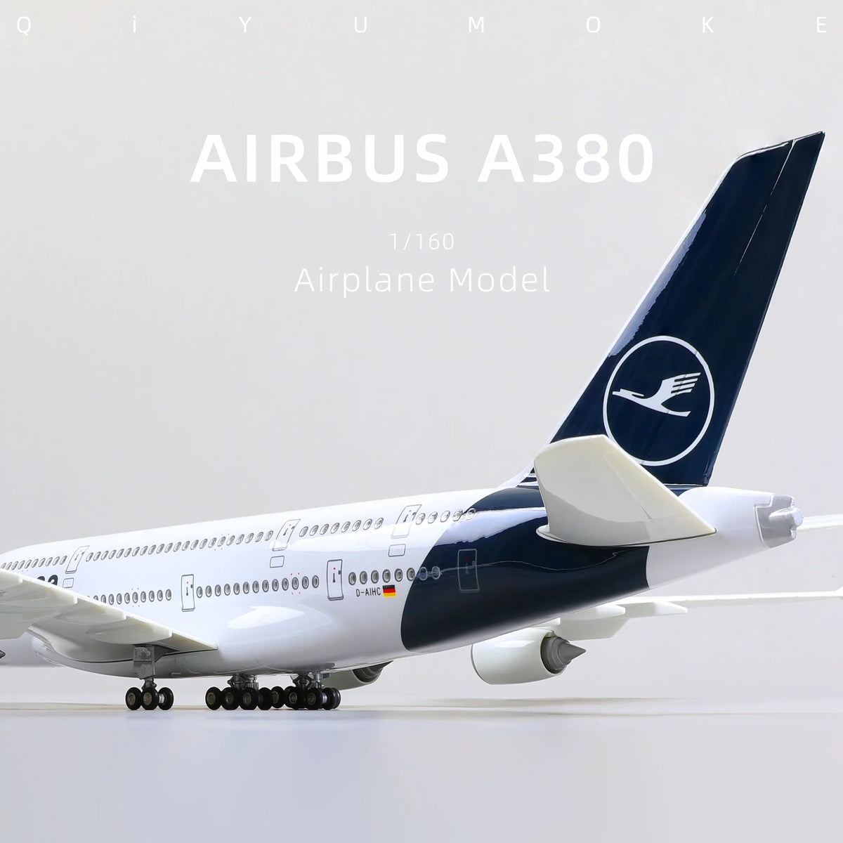 QIYUMOKE Airbus A380 airplane model in side profile view with Lufthansa livery