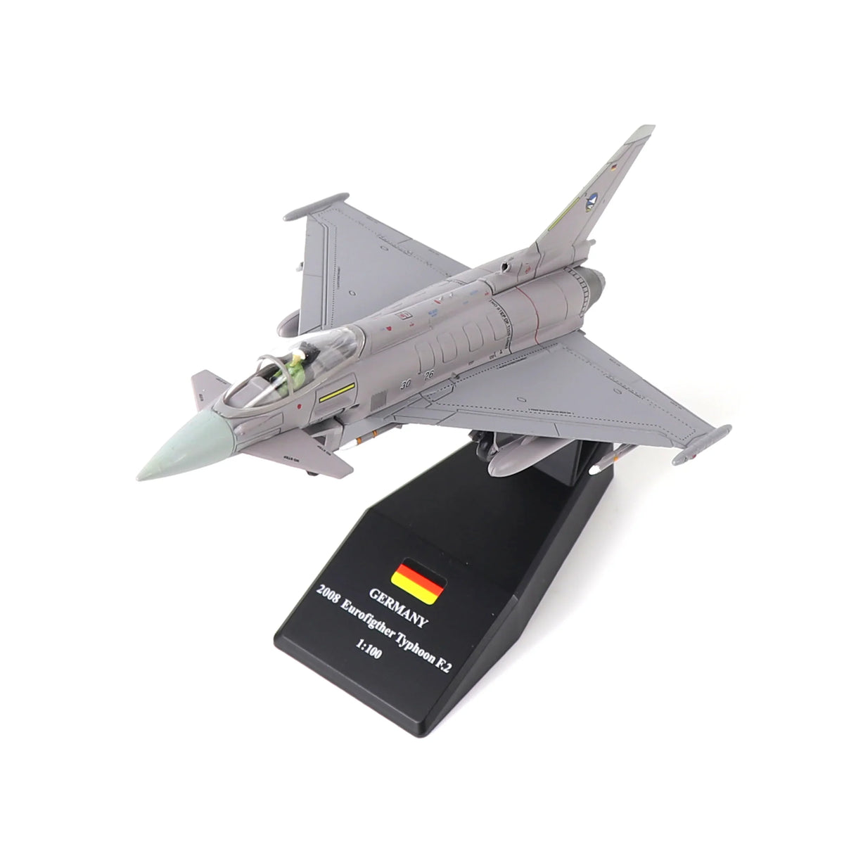 NUOTIE Eurofighter Typhoon EF-2000 model in gray with stand, top view