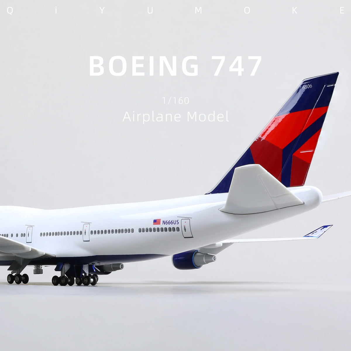 QIYUMOKE Boeing 747 diecast airplane model in rear view with red and blue tail