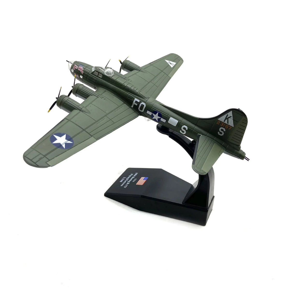 NUOTIE Model B-17F Flying Fortress diecast model aircraft in green with star insignia, top view