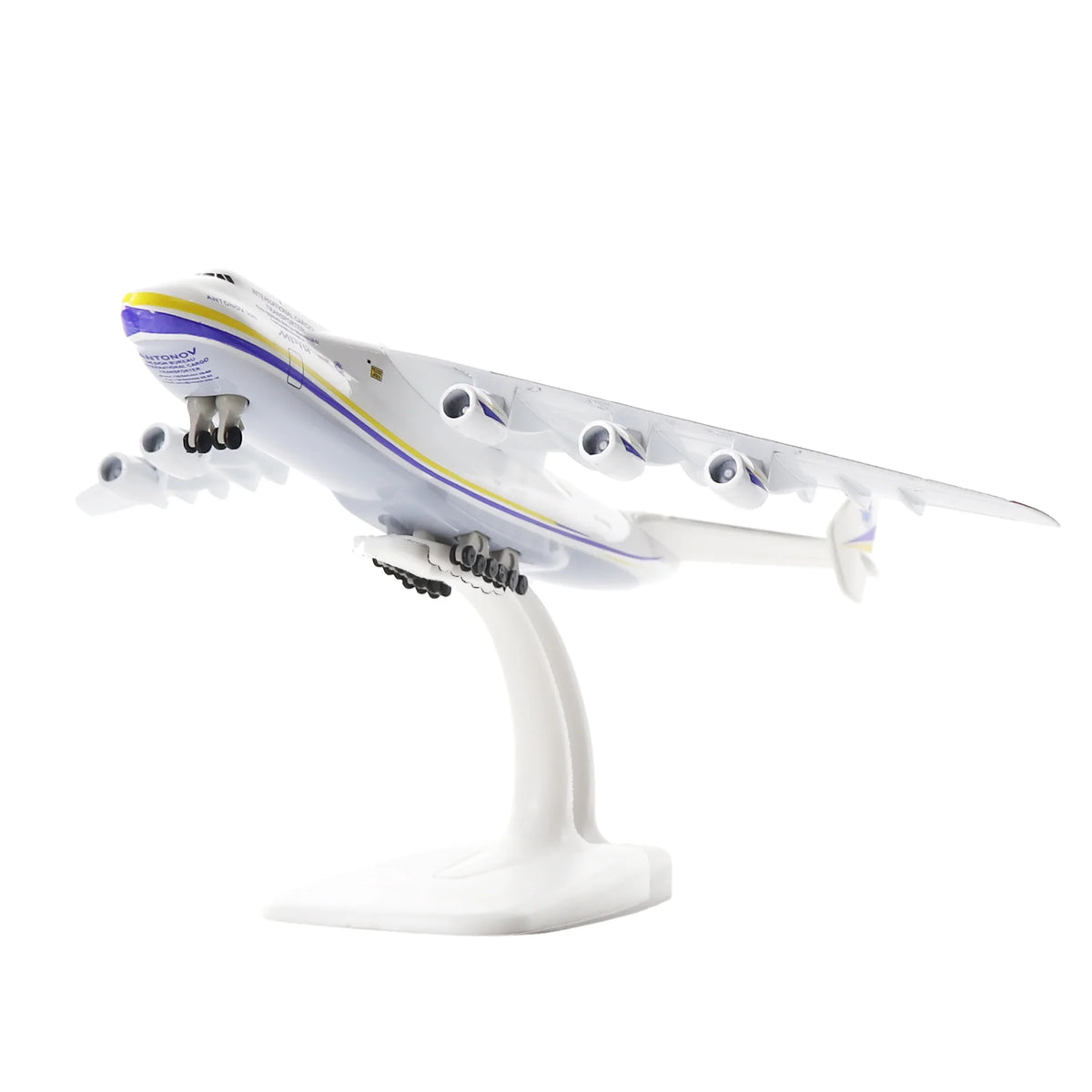 QIYUMOKE Antonov AN-225 Mriya diecast model in Ukrainian livery, front view with stand