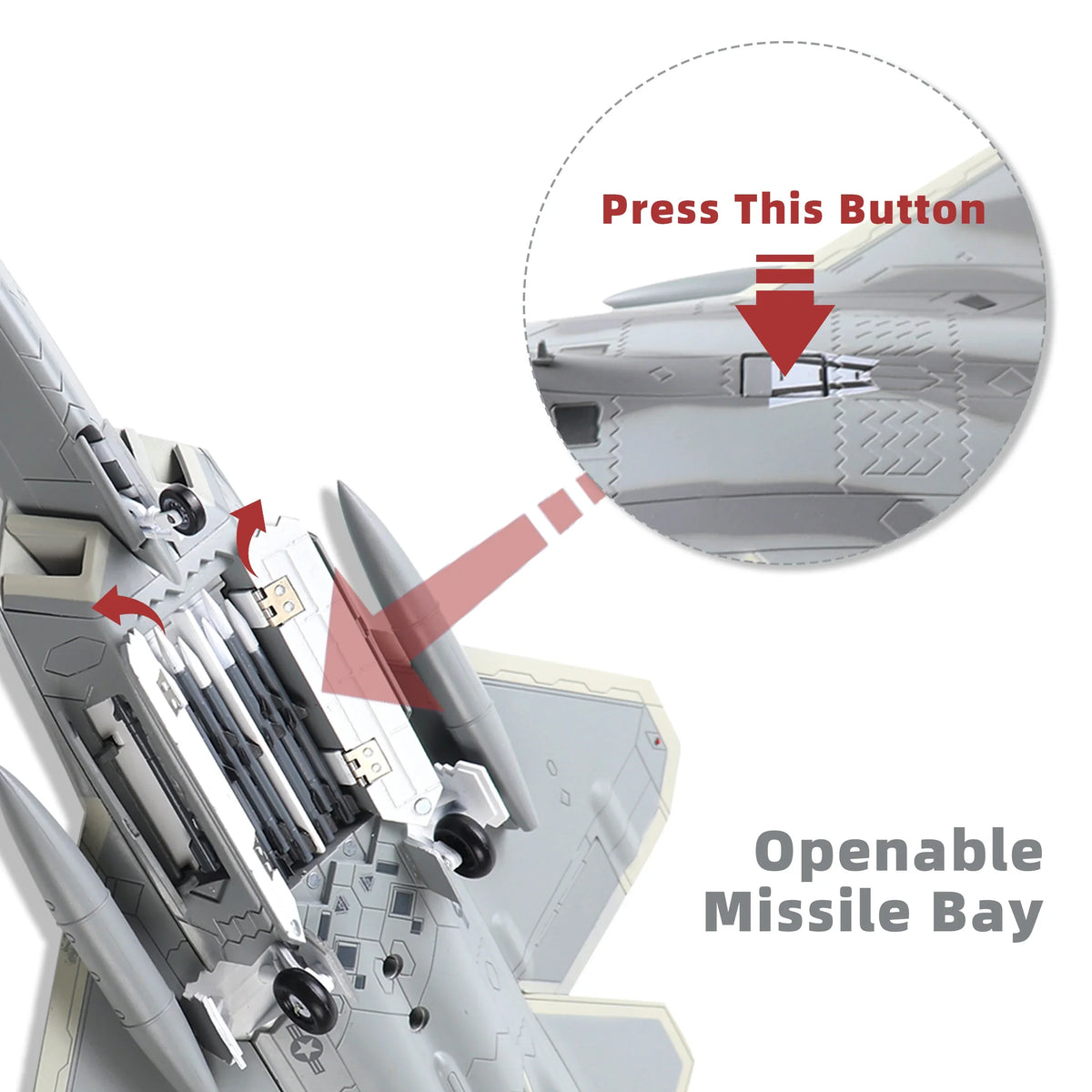 NUOTIE F-22 Raptor model with open missile bay, aircraft top view