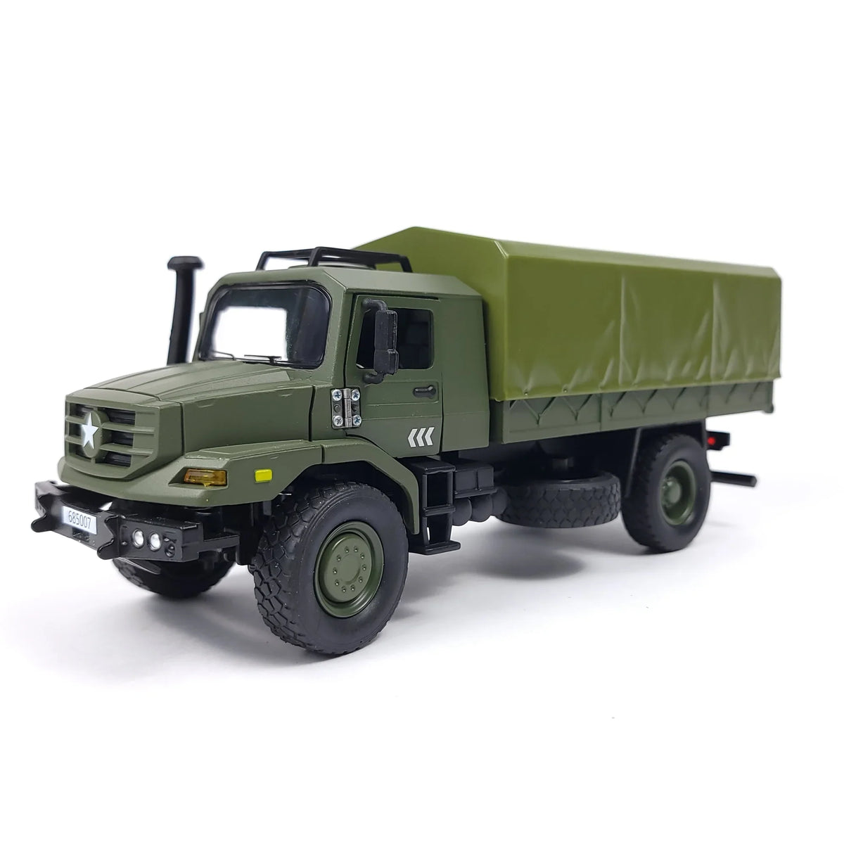 Front view of NUOTIE 1:36 military truck featuring detailed design and green color.