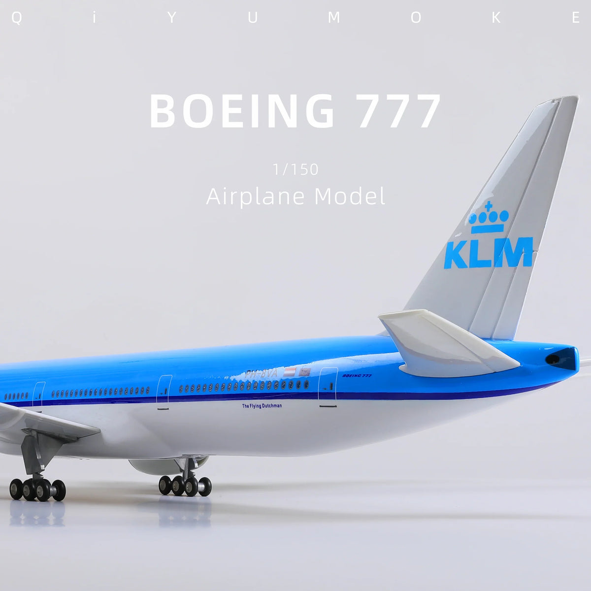 QIYUMOKE Boeing 777-300ER model in blue and white, side profile view
