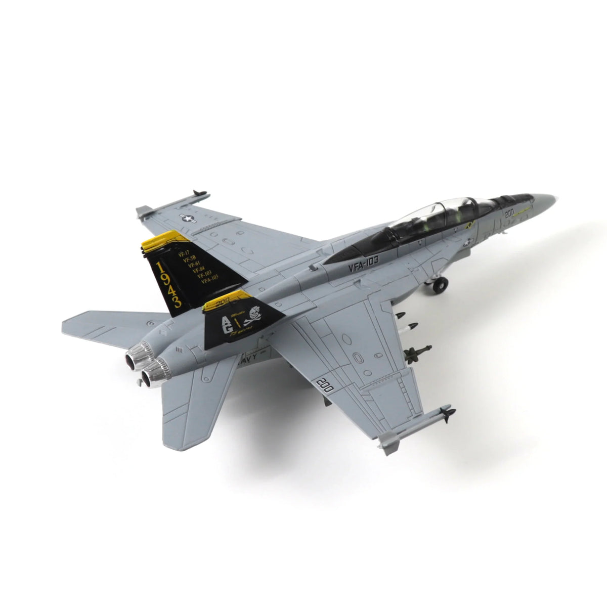 NUOTIE 1/100 F/A-18 Super Hornet model in navy, black, and white, top view