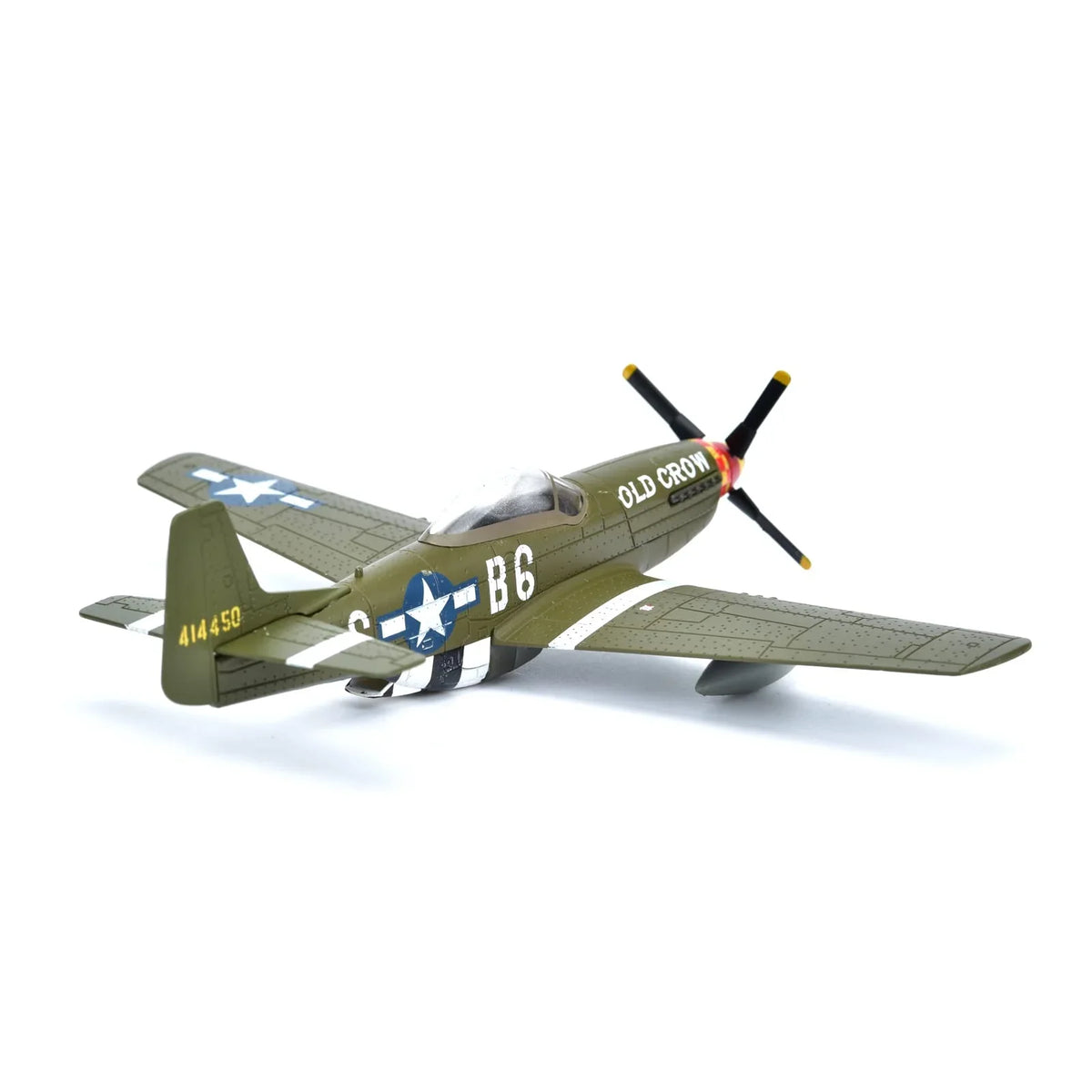 NUOTIE P-51 Mustang diecast model in olive green with stand, front view