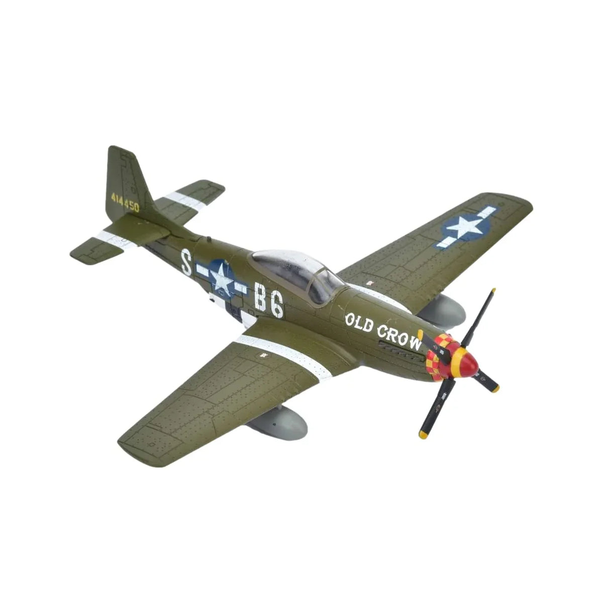 NUOTIE P-51 Mustang diecast model in olive green with stand, top view