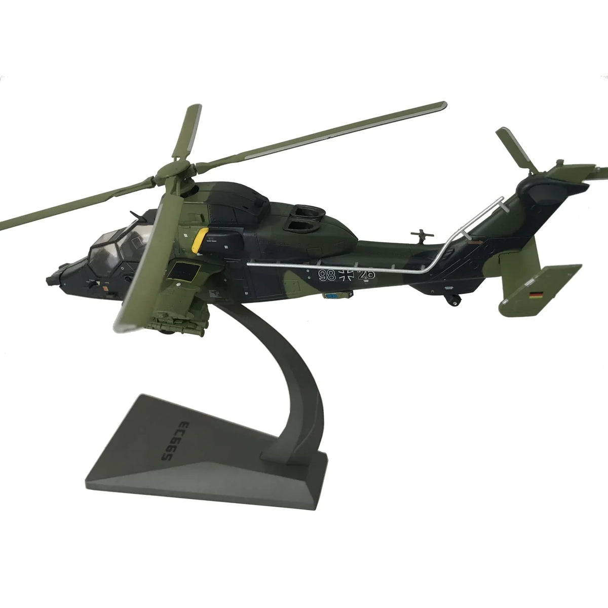 NUOTIE Eurocopter EC665 Tiger diecast model in green, angled side view with stand