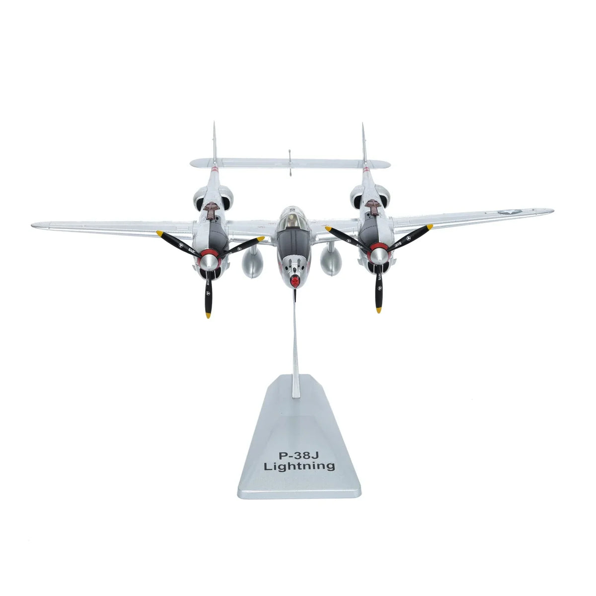 NUOTIE P-38J Lightning diecast model with stand, rear view, WWII US heavy fighter aircraft.