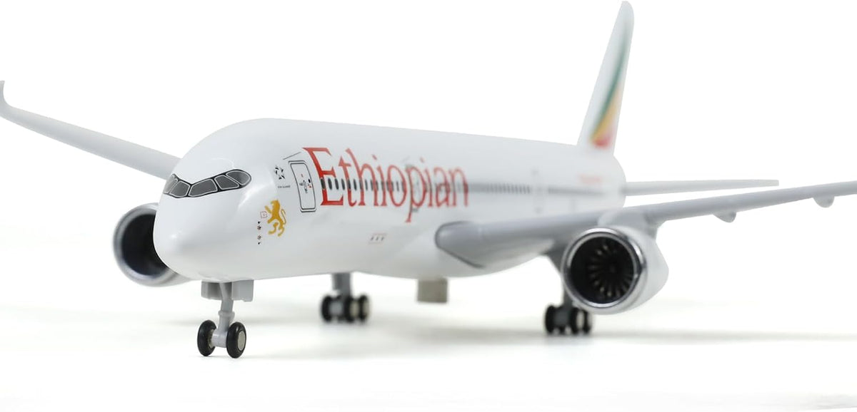 Close-up of the Ethiopian A350 model nose, cockpit windows and landing gear