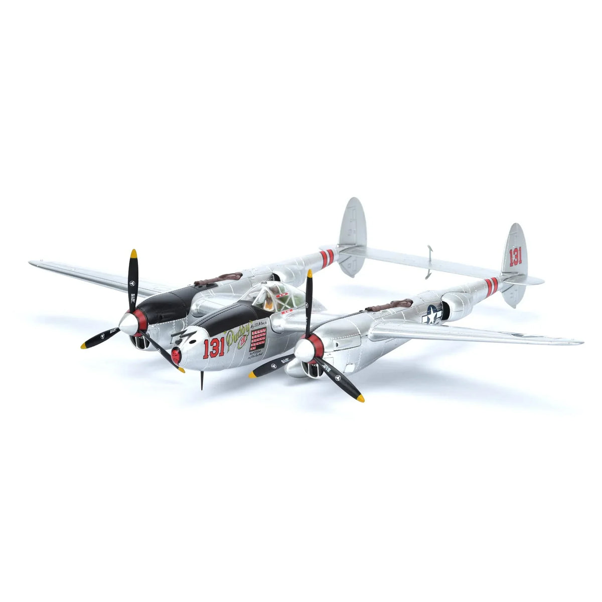 NUOTIE P-38J Lightning diecast model, front view, WWII US heavy fighter aircraft.