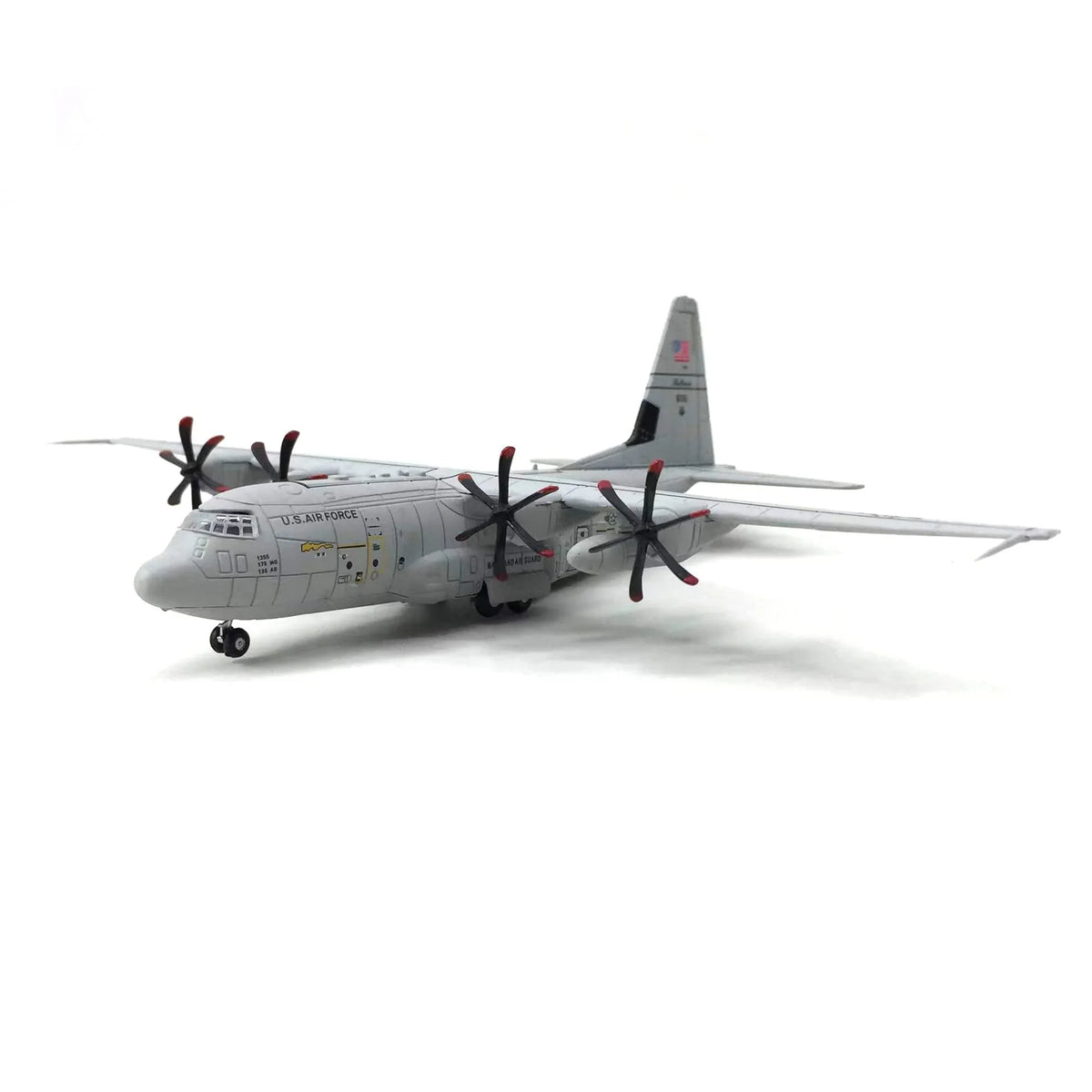 NUOTIE C-130 Hercules diecast model in gray with propellers, angled side view