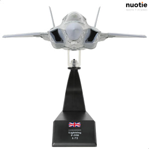 NUOTIE F-35B Lightning II diecast model in gray with stand, front view