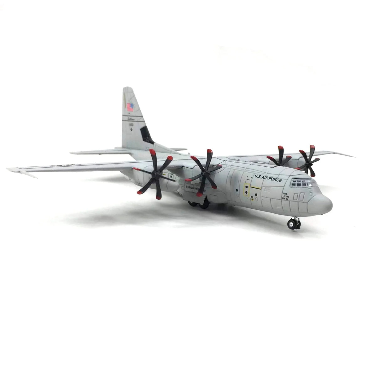 NUOTIE C-130 Hercules diecast model in gray with propellers, side view